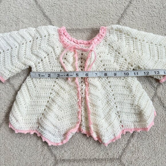 Vintage Hand-Crocheted Baby Cardigan With Pink Trim & Zigzag Design - Picture 2 of 3